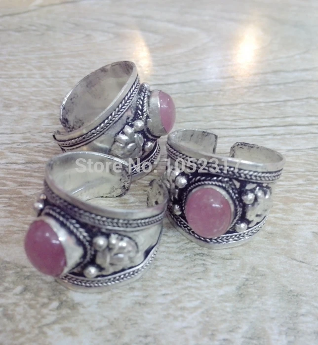 

Christmas Gift Free Shipping 10pcs High Quality Tibet Silver Carved Lace inlay Pink Crystal Bead Nepal Ring Adjustable Size