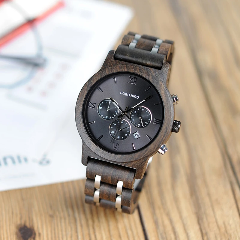 BOBO BIRD Wooden Watches Men Sunglasses in Suit Present Box Gift BoxQuartz Wristwatch Male Stopwatch saat erkek Timepieces