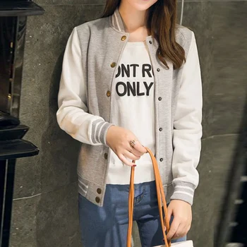 

2018 Women Preppy College Jacket Brand Tops Gray Girl Casual Baseball Sweatshirt Button Bomber Long Sleeves Coat Basic Outwear