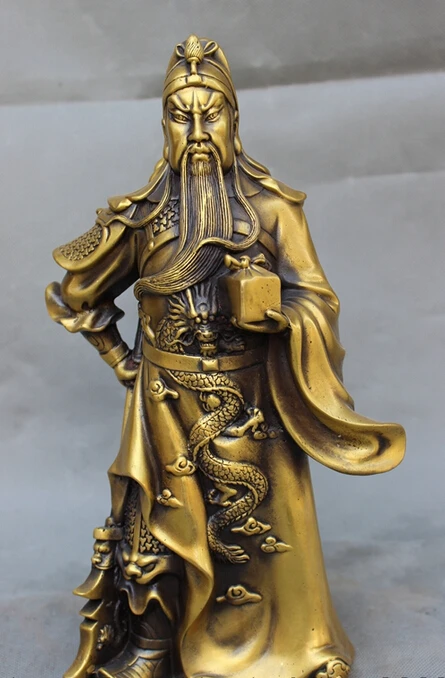 

song voge gem S4425 12" Chinese Bronze Dragon Warrior General GuanGong GuanYu God Hold Seal Statue