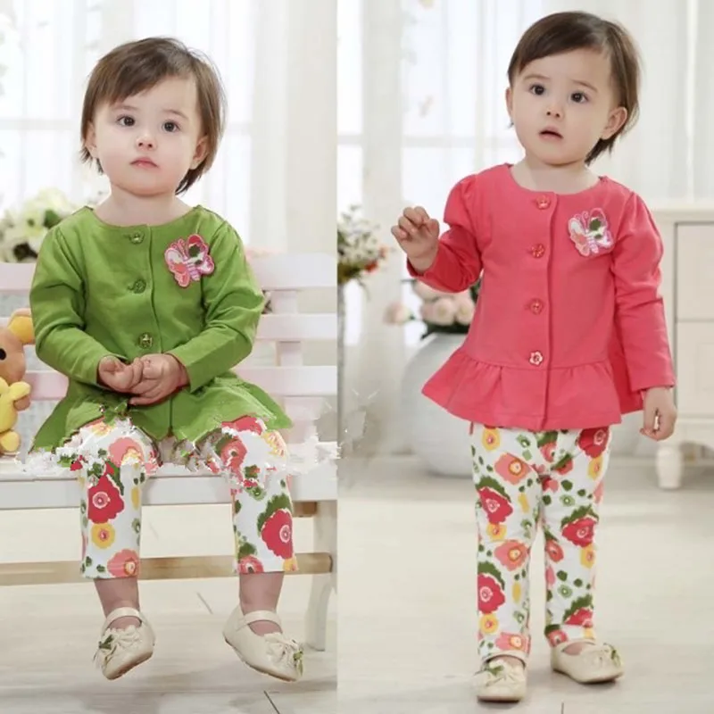 

2016 Baby Girl Outfits suit 2-Piece Long sleeve O neck coat + baby pants Floral Leggings 9-24M girl clothes 100% cotton outwear