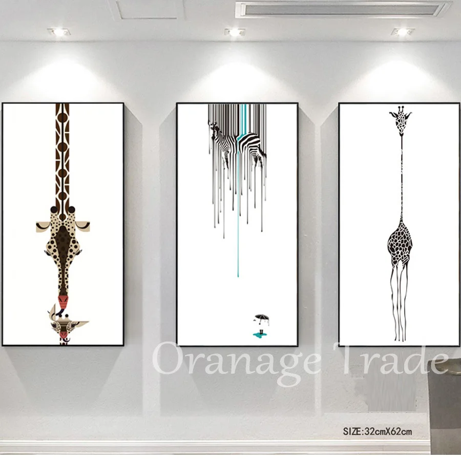 

POP Art Modern 3pieces/set Abstract giraffe oil painting printed canvas wall art Black White girfaffe wall sticker picture decor