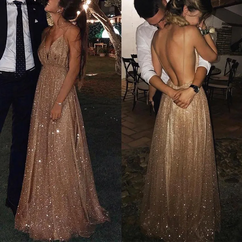 

Sexy Rose Gold Long Sequined Prom Dresses Deep V-Neck Backless A-Line Sparkly Celebrity Party Gowns 2019 vestido formatura