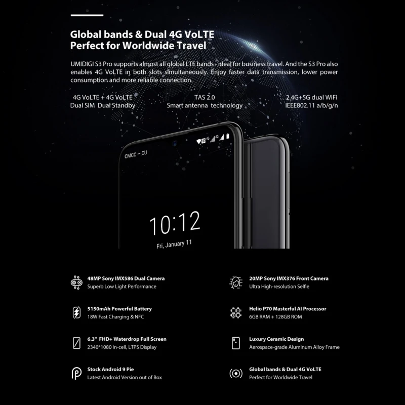 UMIDIGI S3 Pro 6,3 ''смартфон 48 Мп+ 12 Мп+ 20 Мп камера глобальная Двойная 4G 6 ГБ+ 128 ГБ 5150 мАч Android 9,0 FHD+ NFC мобильный телефон