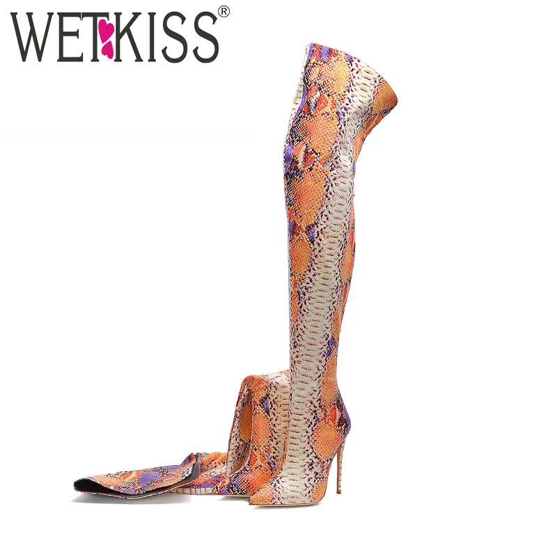 

WETKISS Plus Size 45 Over The Knee Boots Women Pointed Toe Footwear Thin High Heels Boots Female Snake Print Shoes Woman Winter