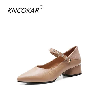 

KNCOKAR 2018 Spring new style fashionable contracted a word buckles coarse heel restoring ancient ways women single shoe