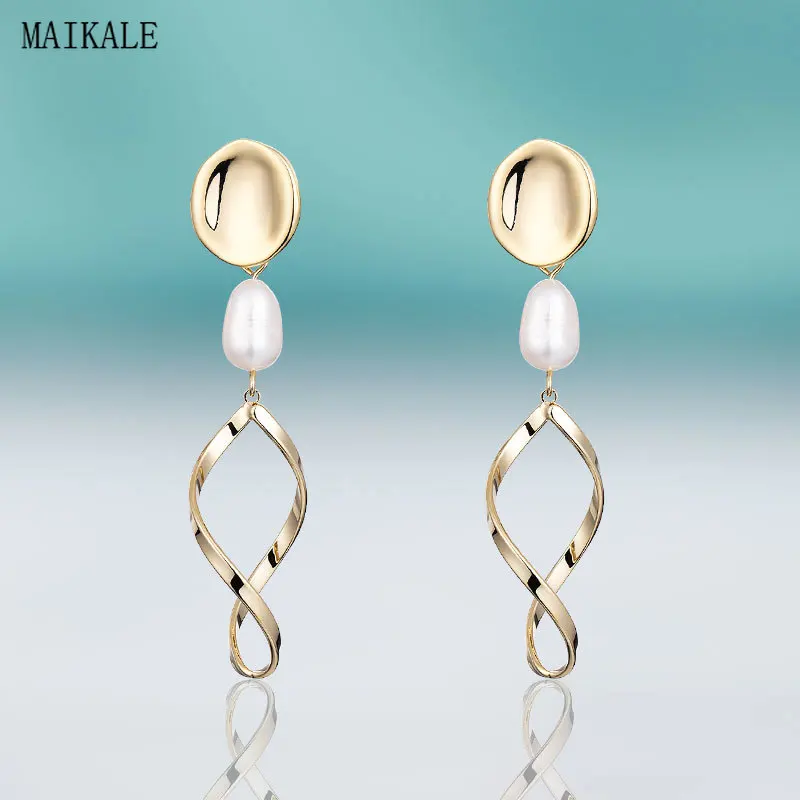 

MAIKALE Trendy Baroque Pearl Long Drop Earrings with Pearls Gold Silver Color Spiral Geometric Earings for Women Korean Jewelry