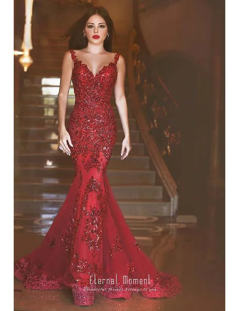 Elegante Encaje Con Lentejuelas Sirena Vestido de Noche Largo 2018 Simple Vino Rojo Vestidos de