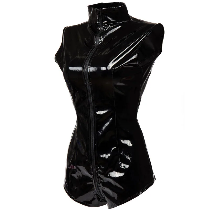 Для женщин сексуальные костюмы кошек черный pvc кожаный Детский костюм платье с открытыми плечами, застежка-молния с открытой промежностью комбинезон боди с мокрым эффектом