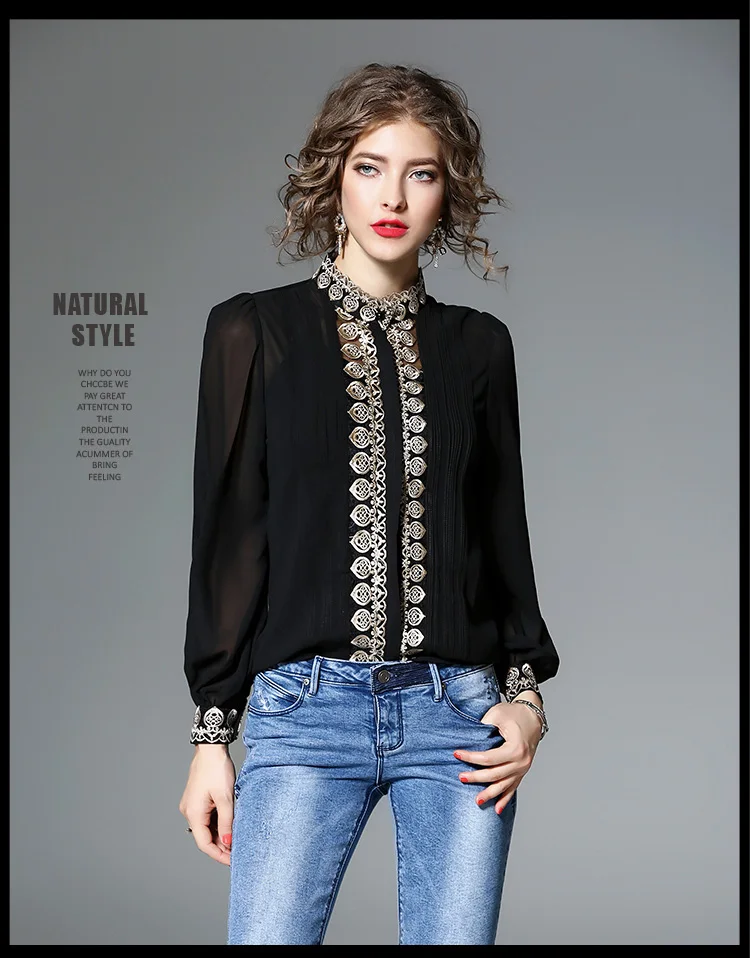 Модная женская летняя шифоновая блузка, элегантная, стоячий воротник, длинный рукав, вышивка, рубашка, белая, черная, две части, офисные Топы