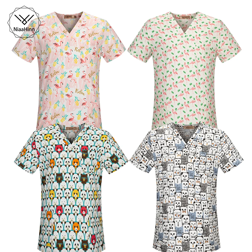 

New Women Scrub Top V-Neck 100% Cotton Pet Hospital Dental Beauty Salon Surgical Medical Uniforms Hospital Nurse Scrub Tops Man