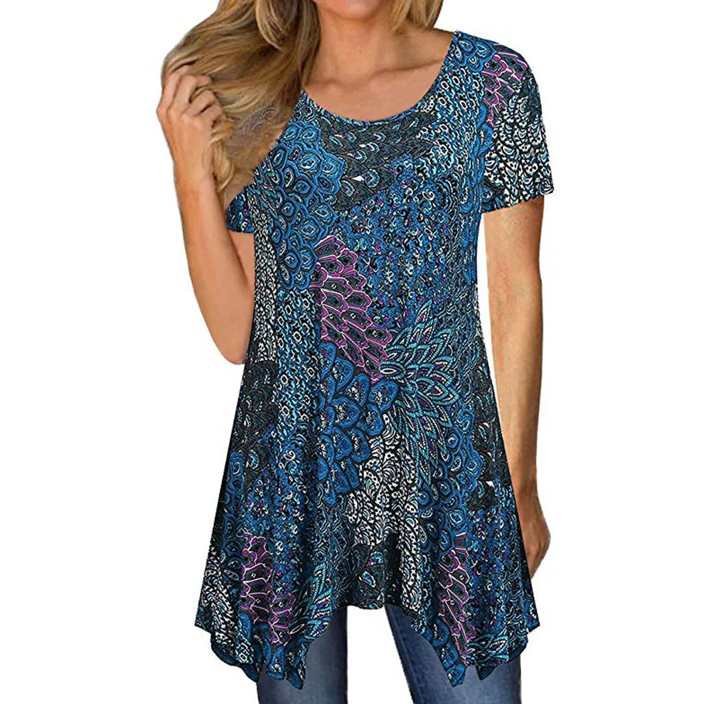 

Short Sleeve summer t shirt women new arrivals Floral Print Irregular t-shirts for women Hem Loose Fit Tunic Top camisa femen#G7