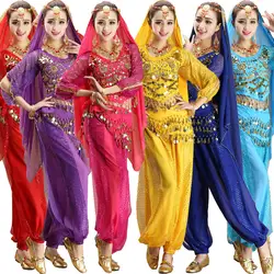Комплекты из 4 предметов с длинным рукавом Индии Египет Belly Танцы костюмы Костюмы Болливуд Индийский платье живота Танцы платье женские