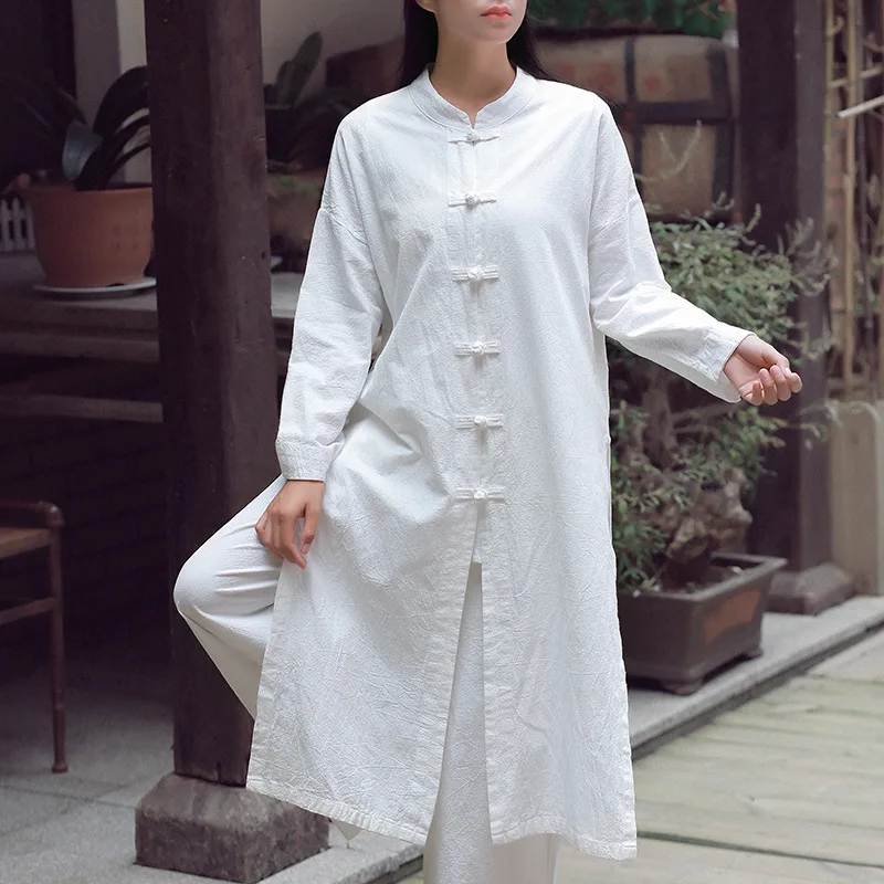 2019 Johnature Blanc Solide Long Manteaux Trench Coton Printemps Femmes Chinois Lâche Nouveau marine Bleu Style Lin Couleur Vintage coats Stand FrWr84Cc