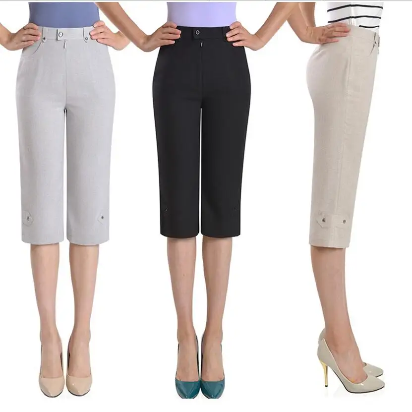 2019 été femme pantalon Capris femmes pantalon taille haute pantalon droit grande taille décontracté Capris pantalon femmes LY210