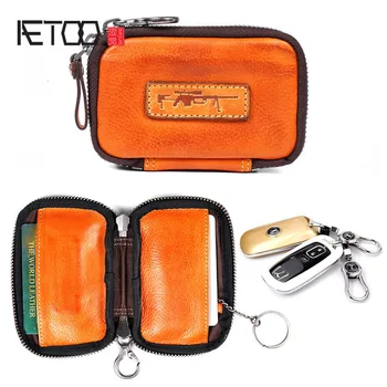 

AETOO Retro handmade first layer cowhide leather zipper key package car youth vintage men's personality waist hanging mini card