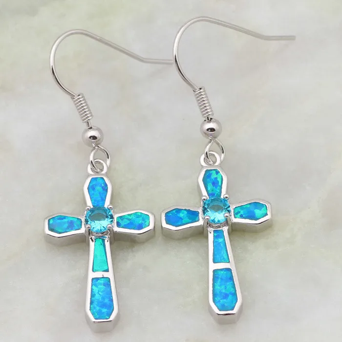 Любовный подарок крест серьги с голубым опалом Циркон 925 пробы серебряные серьги для женщин бижутерия E295