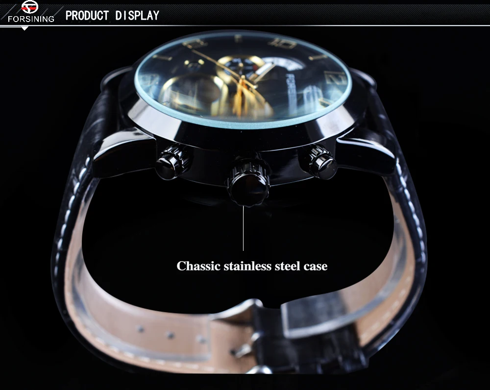Forsining Tourbillion Fashion Wave Black Golden Clock Multi Function Display Mens Automatic Mechanical Watches Top Brand Luxury
