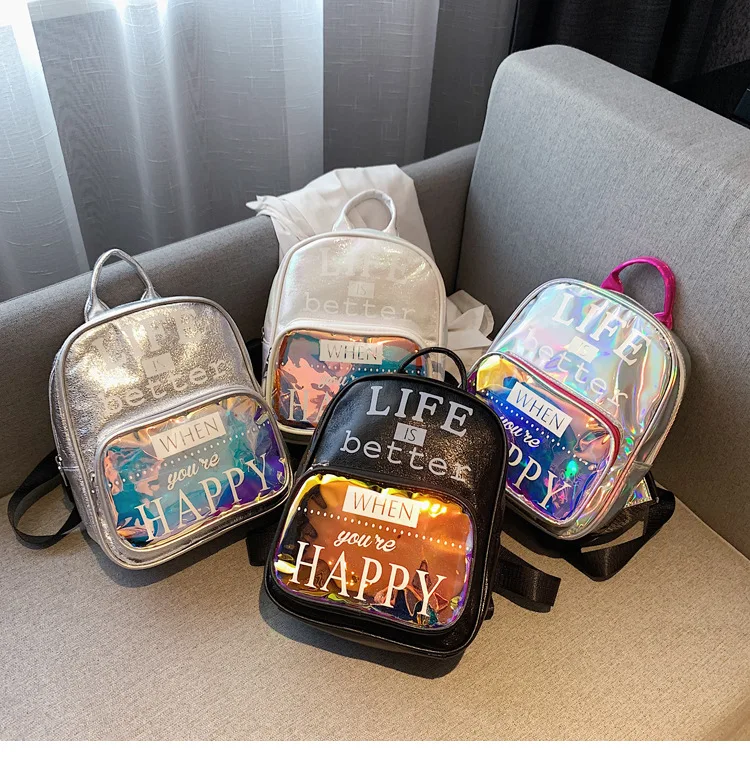 

Korea Pu Leather Black Pink Backpack Girls Teenage Student School Bags Laser Women Back Pack Leather College Bagpack Silver 2019