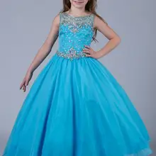 Персик Голубой Little Girls Театрализованное Платье Длина Пола Органзы Jewel Цветок Девочки Платья Для Свадеб Кристалл Бисера