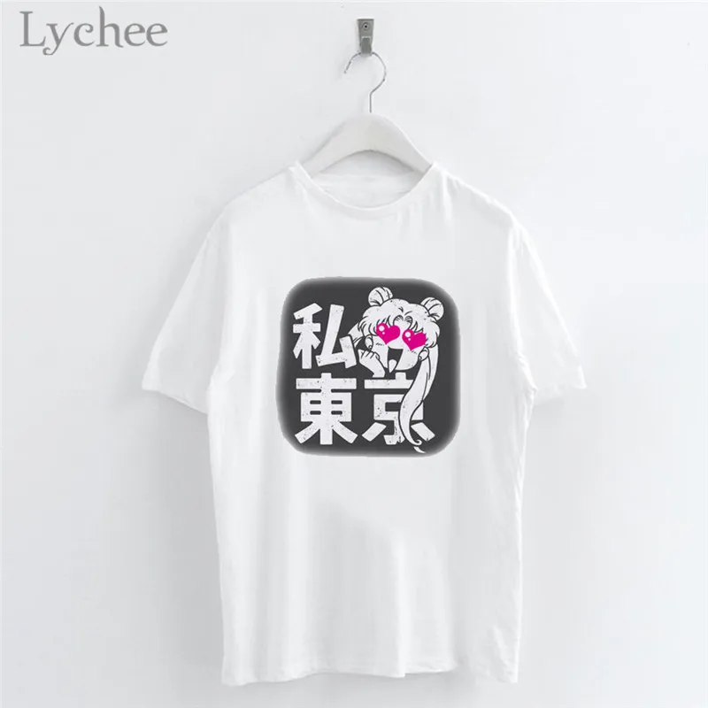 Lychee Harajuku Сейлор Мун мультфильм Печать Женская футболка повседневная с коротким рукавом o-образным вырезом белая футболка женский топ - Цвет: 8