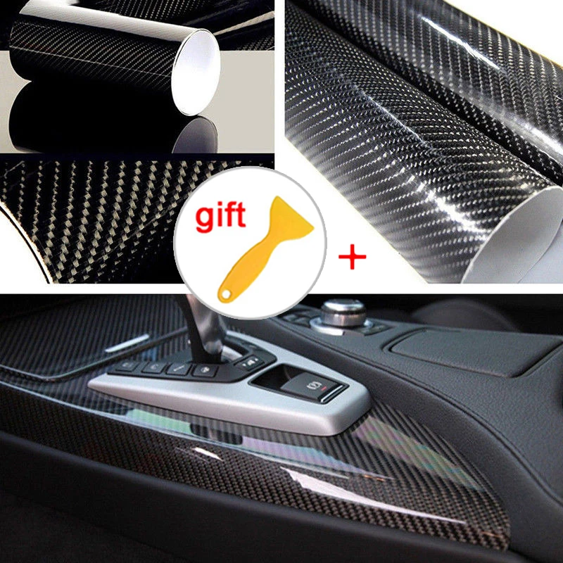 

Glossy Black Carbon Fiber Wrap Film Car Sticker With Scraper Decoration Desks Speaker Surfaces 30*152cm Ultra Gloss Sale