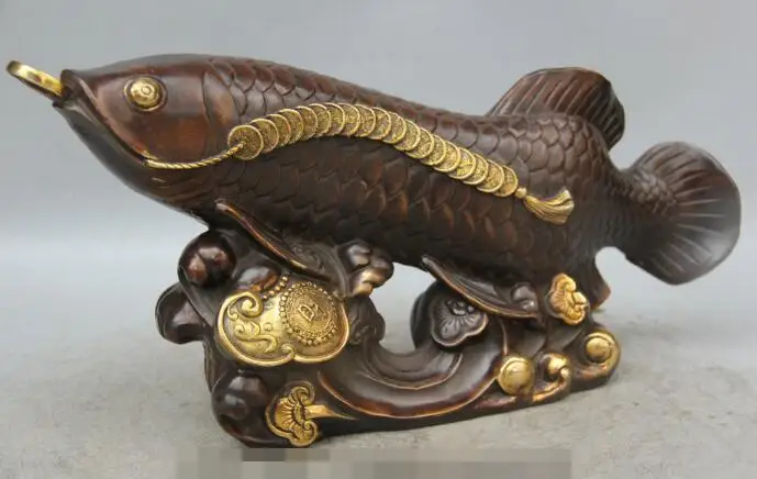 

S1630 16 Chinese Bronze Gild Ru Yi Wealth Money Coin Fish barracuda Statue sculpture