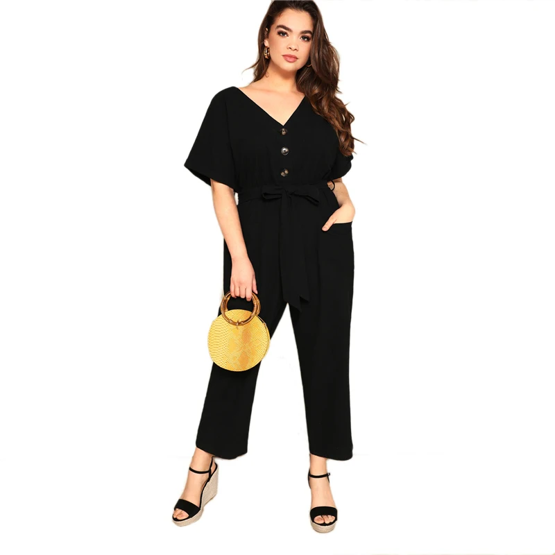 SHEIN Plus Size Button Front Wide Leg Belted Jumpsuit Women Spring Summer Casual V Neck Short Sleeve Longline Jumpsuits