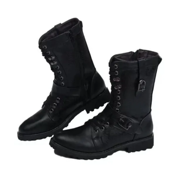 Классическая обувь унисекс из натуральной воловьей кожи в винтажном стиле; женские ботильоны в байкерском стиле - Цвет: Black