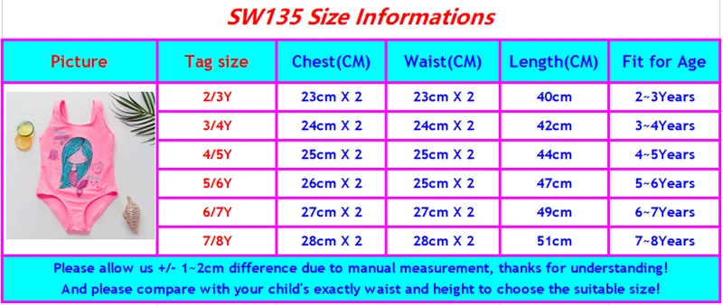 SW135 girls swimwear size chart