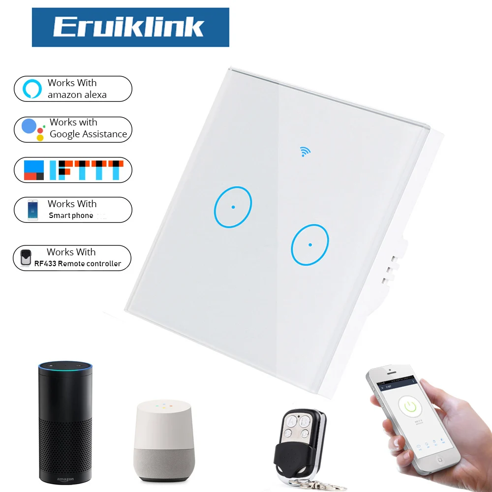 

Tuya WIFI control light smart Switch, EU/UK Standard 1/2/3 Gang RF433 Remote control Wall switch Work with Alexa and Google Home