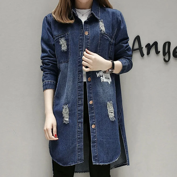 CBAFU XL 3XL oversize autumn winter print hole long denim jacket women