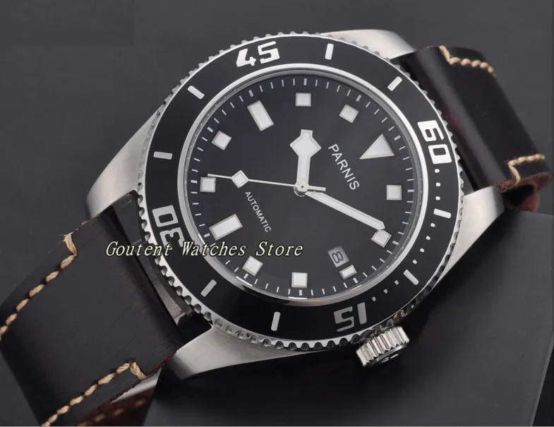 

43mm Parnis Black Dial Date Sapphire Glass Balck Bezel Mechanical Automatic Men's Watch