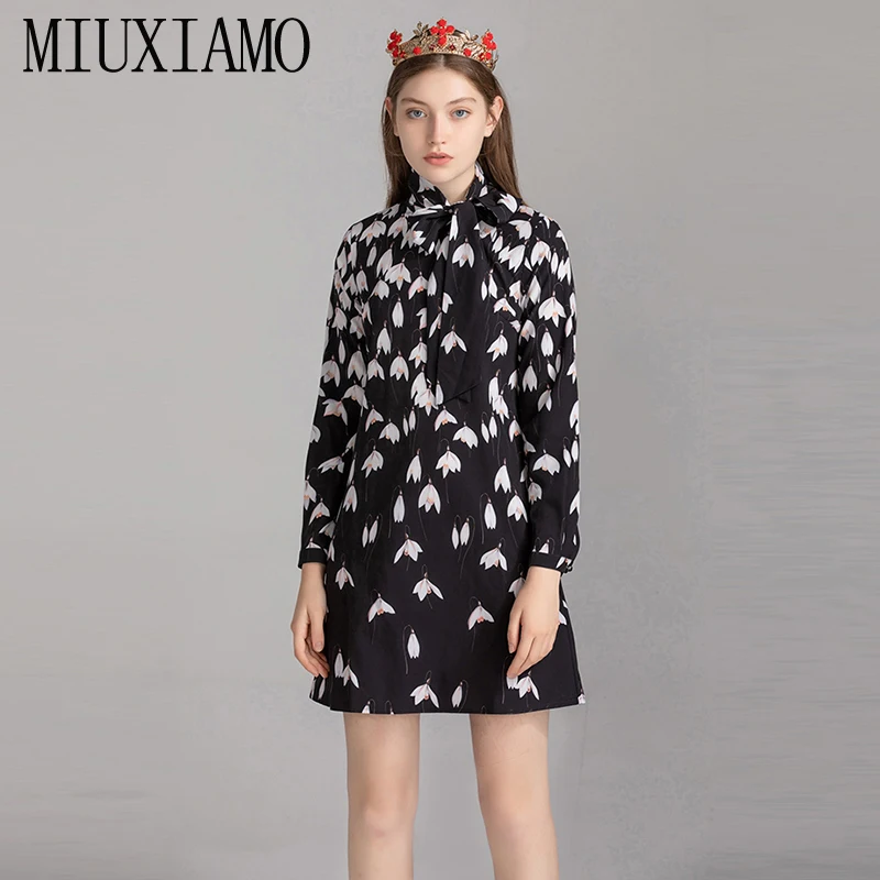 

MIUXIMAO 2023 Fashion Runway Design Fall Casual Dress Women Magnolia Flower Print Bow Full Sleeve Vintage Dress Women vestido