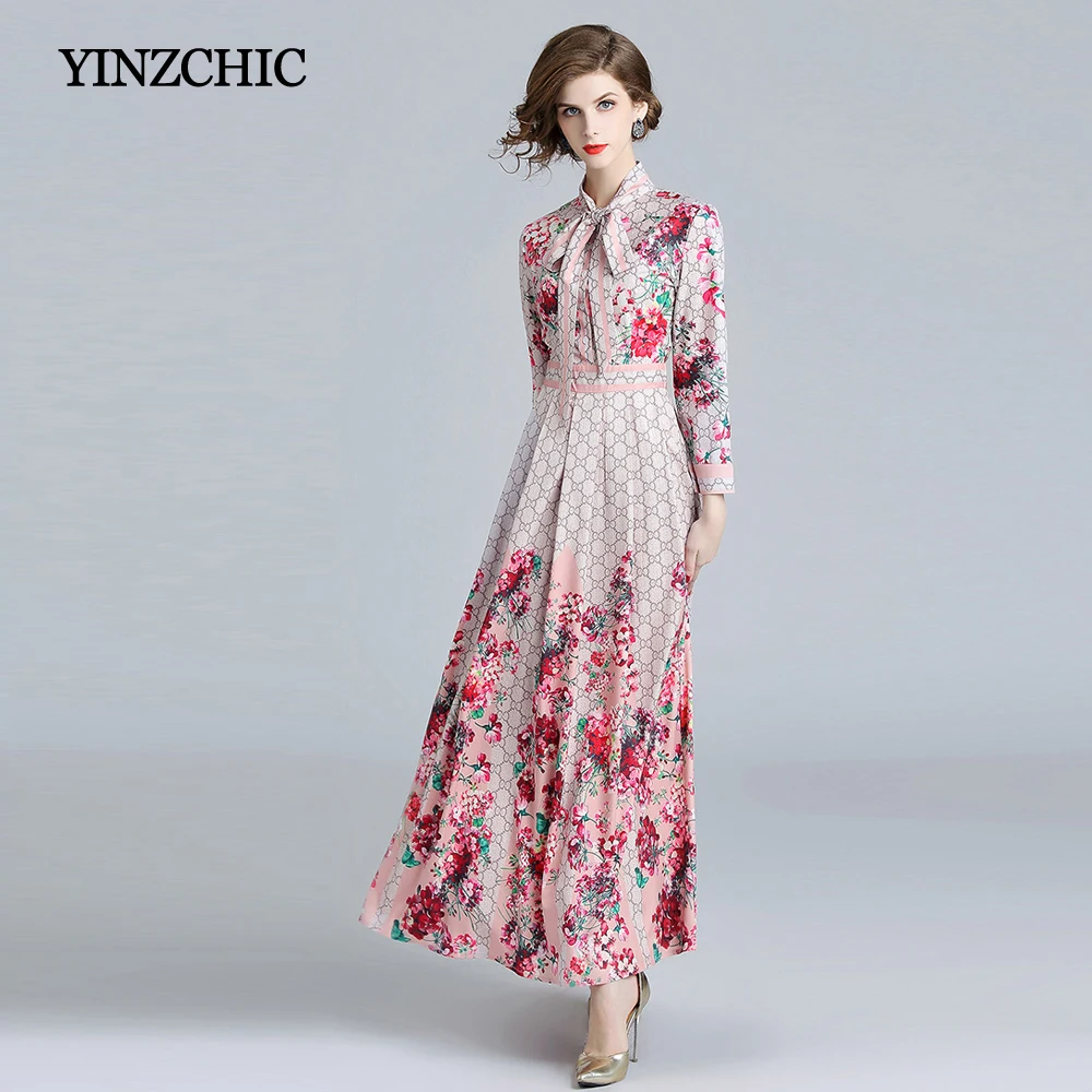 

Womans Fall New Maxi Dress Bow-Neck Female Elegant Long A-Line Dresses Pink Floral Printed Ladies Party Dresses Women