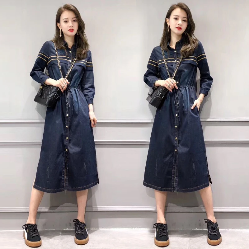 Primavera Blue Vestiti Maniche Delle Lunghe Era 2018 Lungo Di Denim Xy30 Femminile Dark Vestito Temperamento Sottile Monopetto Donne A Nuovo Medio AARWxqdrw