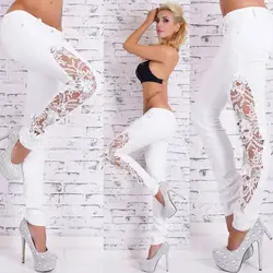 Модные женские повседневные Цветочные кружевные вставки с низкой талией джинсы выдалбливают Длинные брюки W0314