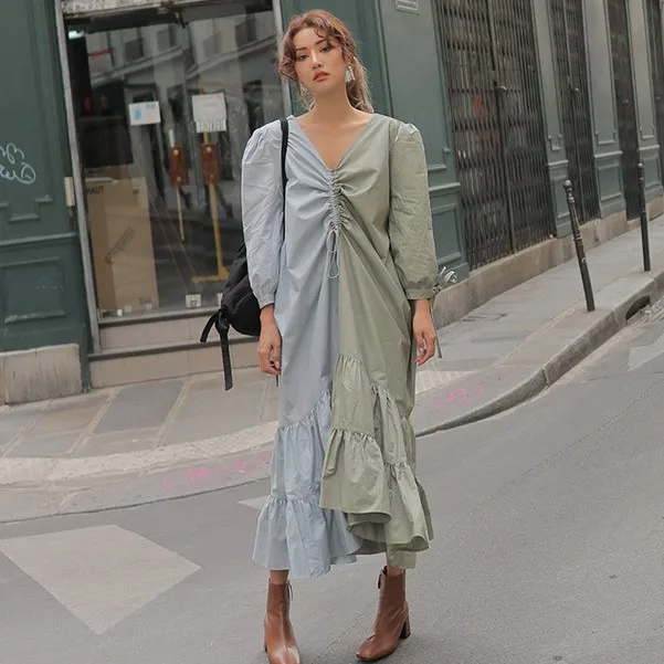 2019 весна осень мода уличная v образным вырезом цвета контраст спереди Ruched Drawstring