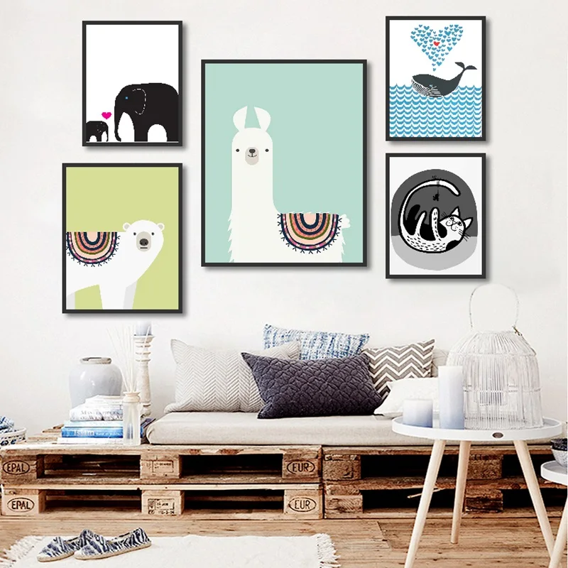 

Nordic Cartoon Picture Cute Animals Cat and Fish Wall Art Posters and Prints Canvas Painting for Kids Room Decoration No Frame