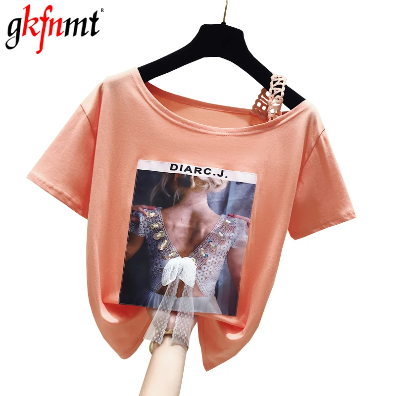 

gkfnmt Korea Cool T shirt Women Slash Neck Summer Short Sleeve Appliques Lace Sexy TShirt Tops Casual Black Tee Shirt Femme