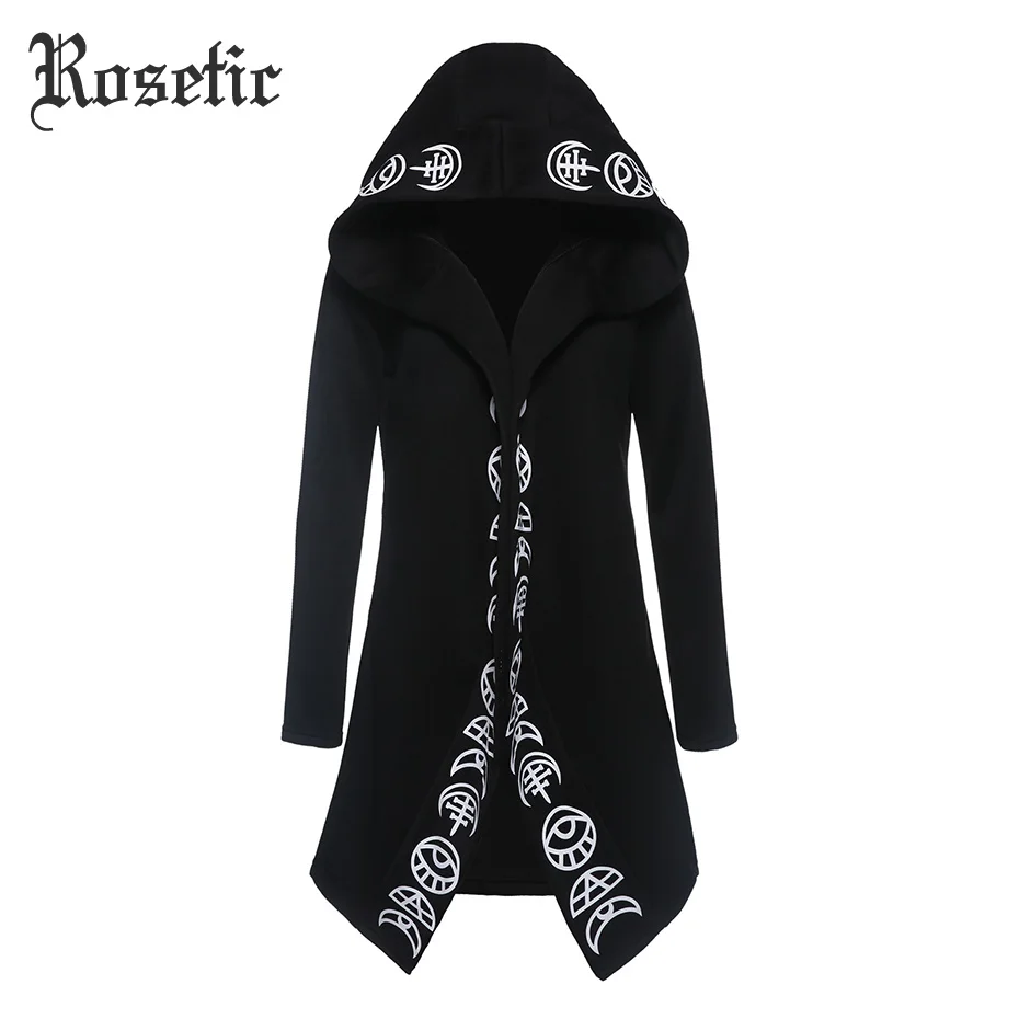 

Rosetic Men's Hooded Gothic Print Black Men Sweatshirts Loose Punk Hoodies Dark Gothic Print Men Warm Hooded Casual Wear Dark