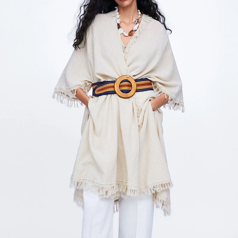 

Summer top casual womens clothing 2019 loose kimono cardigan tassel womens tops and blouses beige shirts women