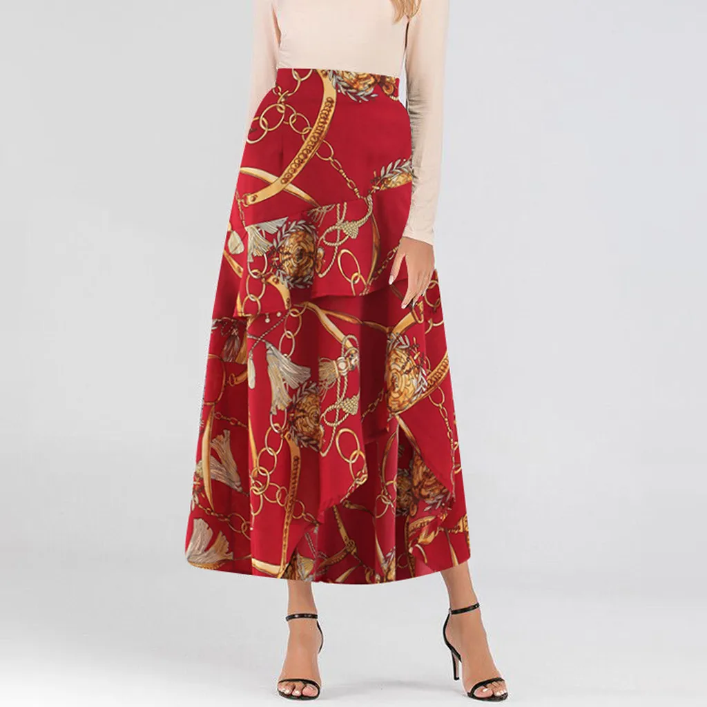 Летние юбки женские с принтом винтажные на молнии Длинные женские повседневные плиссированные юбки с высокой талией jupe femme#3