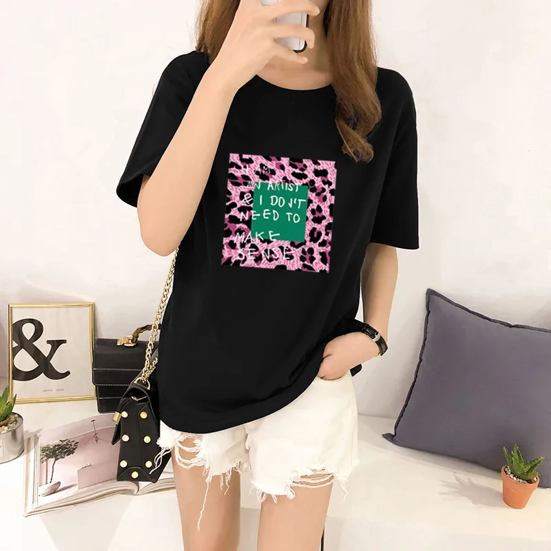 

3Pcs/Lot Popular T shirt Leopard print letters Logo Tee shirt Summer short-sleeved women O-neck Girls Top T shirt Hot Sale