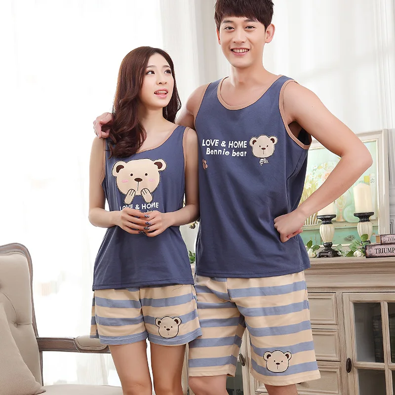 

Women and men summer couple thin vest 2019 new men and women cotton sleeveless striped shorts cute pajamas pajama sets pajamas