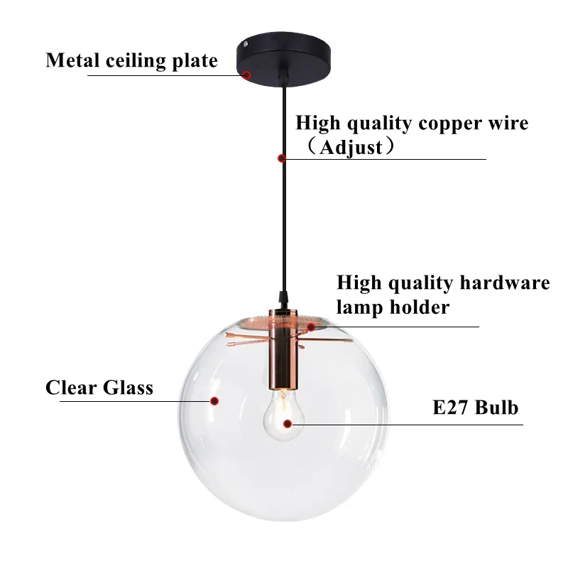Wongshi современный золотой черный прозрачный стеклянный кулон легкая стеклянная шариковая Подвесная лампа для столовой Бар Подвеска E27 светодиодный светильник