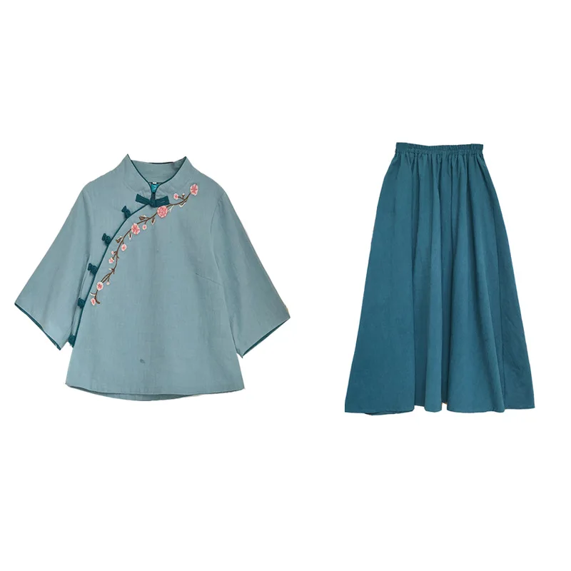Женский костюм с вышивкой Hanfu из хлопка и льна юбкой лето 2019| |