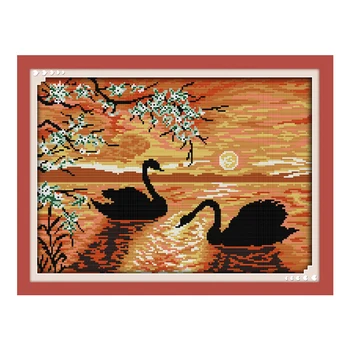 

JoySunday crossstitch Swan Lake sunset setting sun DMC14CT11CTcotton needlework livingroom dininghall restaurant hotel painting