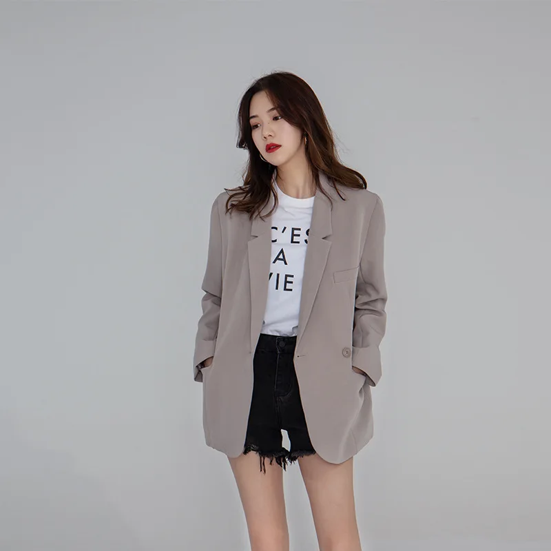 Women's Suit 2019 Spring Tonal Wide Shoulder Big Suit Jacket for Women Notched  Single Button Jackets and Coats Clothes Women