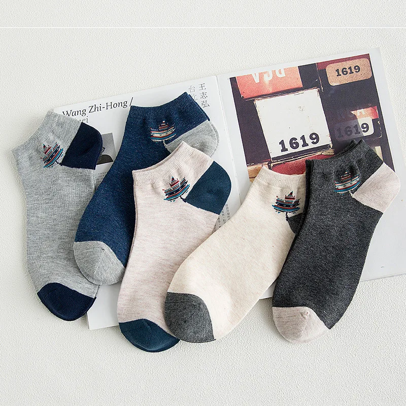 

2018 men socks 5 pairs cotton print short invisible socks new spring navy style high quality men's socks